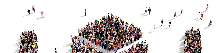 Large group of people seen from above gathered in the shape of two hands holding an abstract object