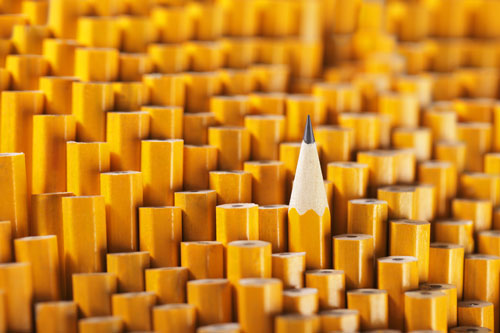 One sharp pencil stands tall among a large group of many blunt pencils.