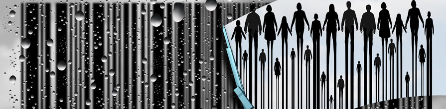 Computer generated image of a windscreen wiper clearing water off a barcode image made from the legs of adults and children walking together