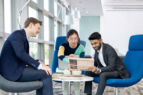 Students in the MBA lounge at the Bunhill Row campus