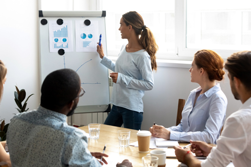 Woman presenting figures to colleagues in boardroom
