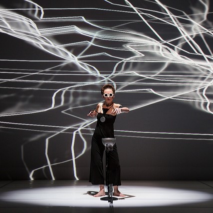Katharina Koeller at the ACT Festival South Korea, SOMAPHONE. A collar connected to the performer’s heartbeat, muscle tension and movements, is creating a live-generated audio-visual projection