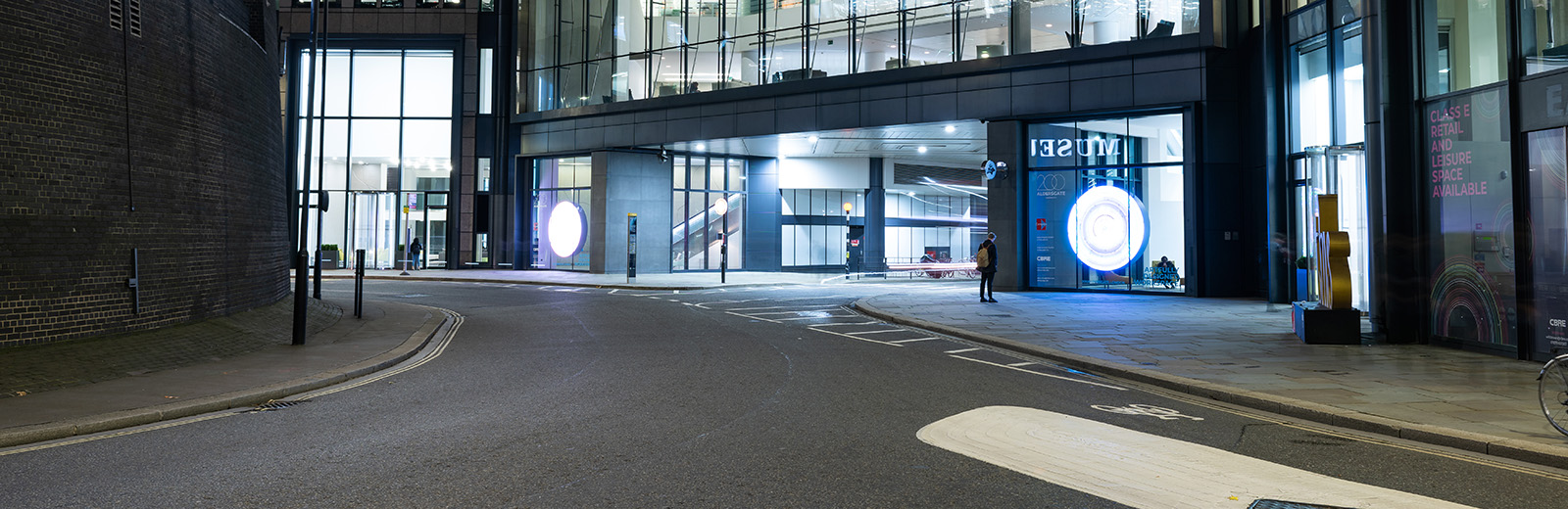Bayes Business school Aldersgate building at night
