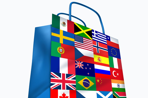 Shopping bag adorned with flags from around the world