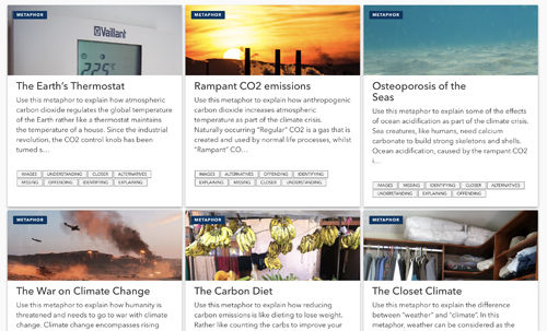 Screenshot of the Quest website, showing the search results on the subject of CO2 and climate change. The screenshot shows 6 different metaphorse, displayed in tiled format with images, brief description and related tags.