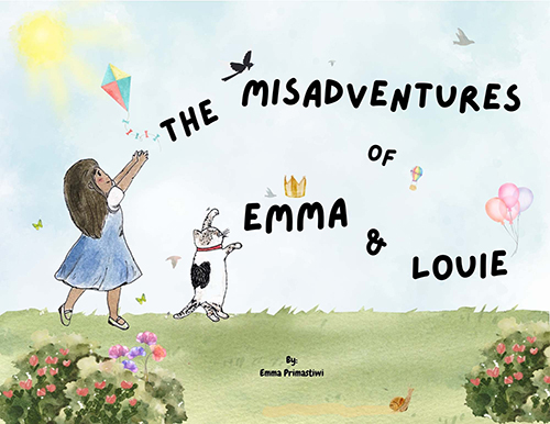 Children's book cover of 'The misadventures of Emma and Louie' featuring a little girl and a cat.