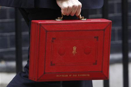 Hand holding a ministerial box (chancellor of the exchequer red briefcase)