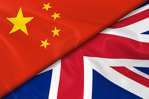 Flags of China and United Kingdom divided diagonally