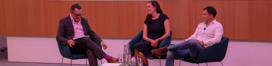 Reuters journalist Axel Threlfall interviews CEO and founder of Elvie, Tania Boler, and Octopus Ventures Partner, Luke Hakes, during July 2019's Entrepreneurs Talk at Cass event.