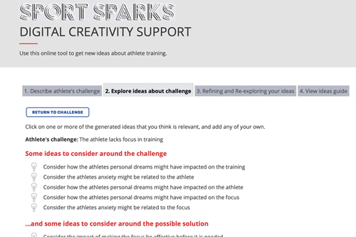 Screenshot of the Sport Sparks website. There are four tabs shown, with focus on the second: 1. Describe the athlete's challenge, 2. Explore ideas about challenge, 3. Refining and re-exploring your ideas, 4. View ideas guide.