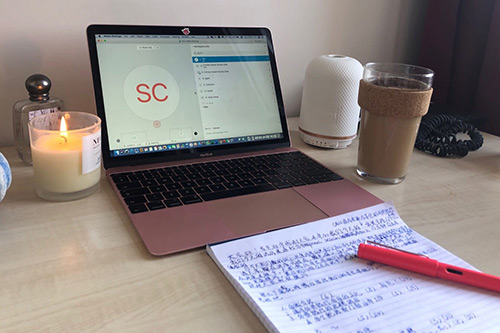 Macbook on a desk in an online meeting