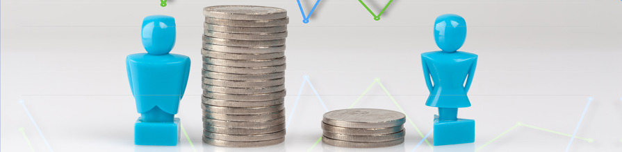 Income inequality concept shown with male and female figurines and piles of coins with line graph above.