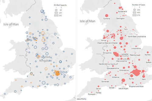 two maps of the UK showing ICU capacity and number of coronavirus cases