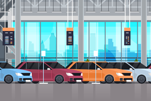 Cartoon of cars lined up in a showroom garage
