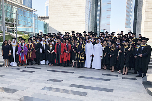 Bayes Dubai campus graduates in their graduation robes