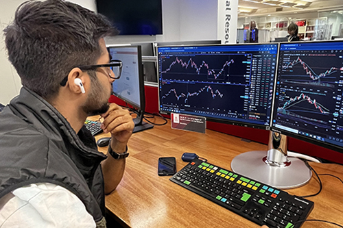 Sarthak Bidani in the Bloomberg Trading Room at Bayes Business School