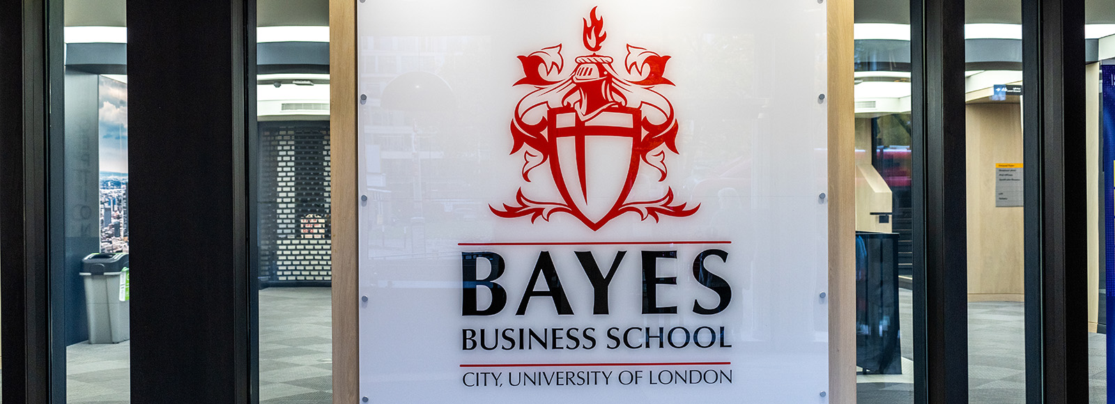 Bayes Business School logo on entrance of Bunhill Row