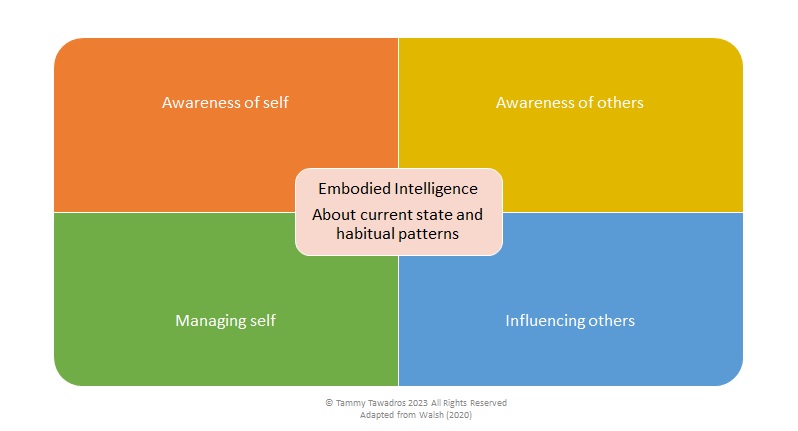 A square with four quadrants and a central section. The four outer sections read: awareness of self, awareness of others, managing self, and influencing others. The central section is labelled: embodied intelligence, about current state and habitual patterns.