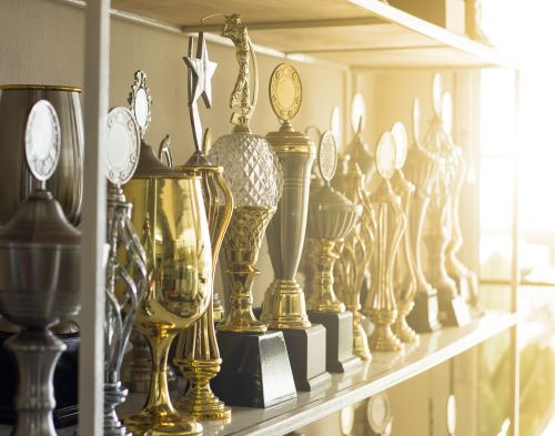 A collection of trophies in a cabinet