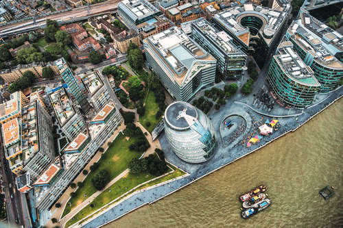 birds eye view of buildings in London and the River Thames