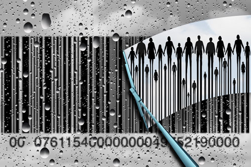 Computer generated image of a windscreen wiper clearing water off a barcode image made from the legs of adults and children walking together