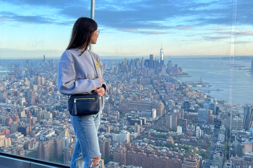 Female MSc student in a tall building looking over New York