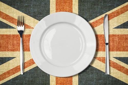 Plate, knife and fork on a Union Jack background