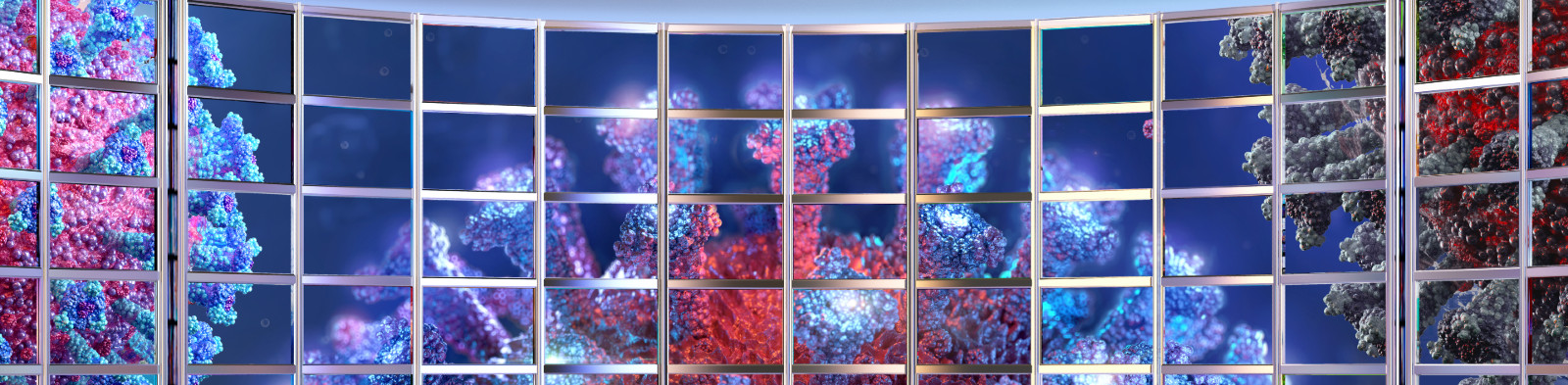 The SARS-CoV-2 virus on a bank of media screens