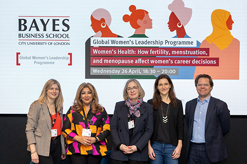Speakers at the Bayes Global Women's Leadership Programme. From left to right: Sarah Garton, Dr Saghar Kasiri, Dr Lara Owen, Dr Janina Steinmetz, Professor Andre Spicer 